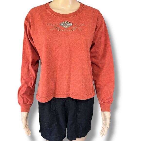 Harley Davidson Womens T Shirt Top Long Sleeve Pullover Crew Neck Orange Medium - Picture 1 of 11